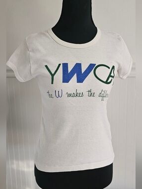 YWCA  TRUE VINTAGE White Logo Tee - Green & Blue Lettering M